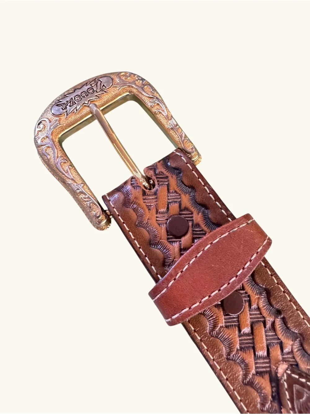 Vintage Nocona Western Tooled Leather Belt Gold Floral Conchos Engraved Buckle